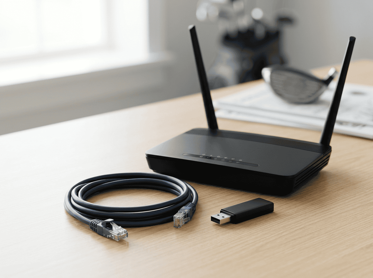 Wireless router, Ethernet cable, and USB Wi-Fi adapter on a wooden desk, used for connecting golf simulator systems for seamless online gameplay and data transfer.