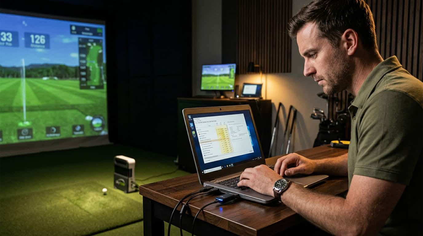 Man using a golf simulator with a laptop and large screen displaying golf data, in a professional indoor golf simulation room.