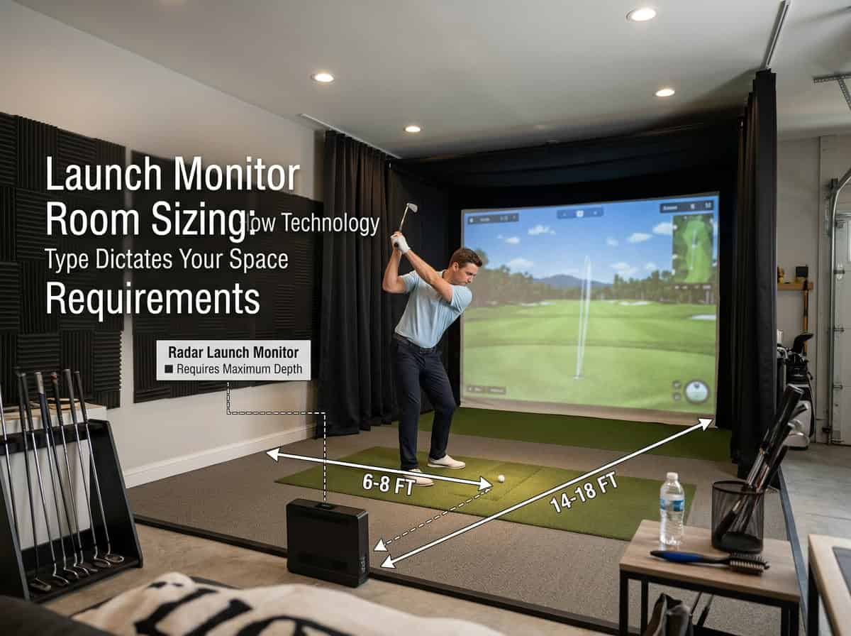 Indoor golf simulator setup with launch monitor, large screen, and room dimensions for optimal play.