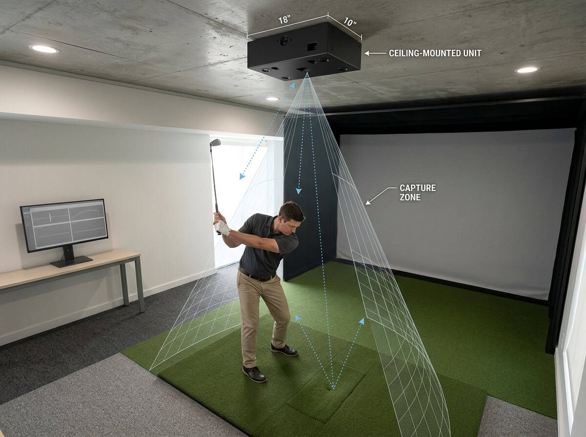 Indoor golf simulator setup with ceiling-mounted unit and capture zone for realistic golf practice and analysis.