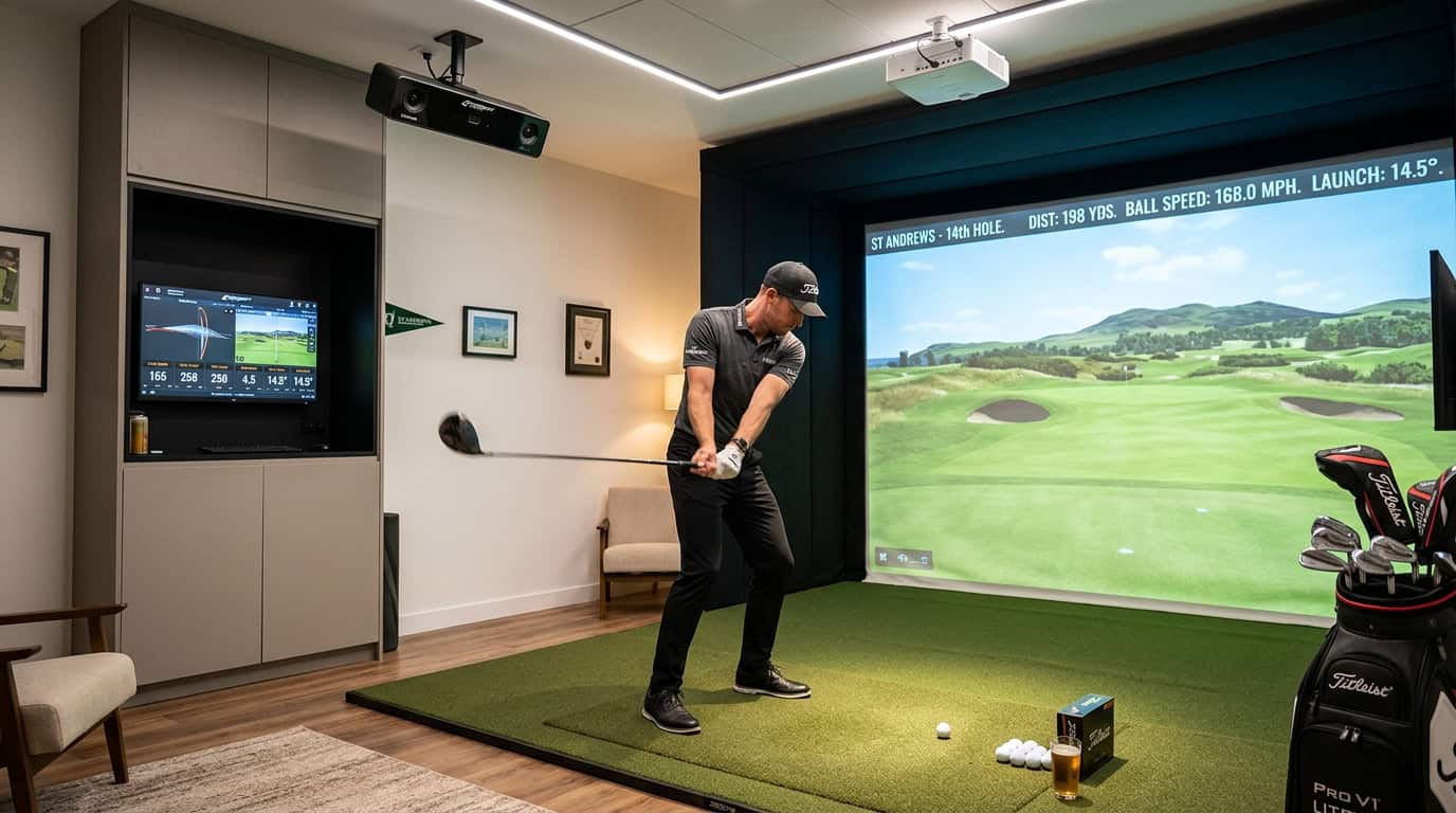 Indoor golf simulator with a player practicing swings on a large screen displaying a golf course, equipped with golf clubs and a hitting mat.