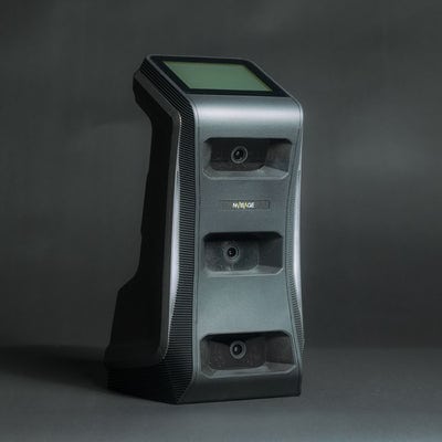 Advanced golf simulator launch monitor featuring a touchscreen display and multiple sensors for accurate swing analysis and shot tracking.