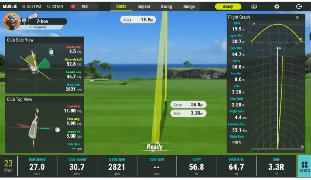 Indoor golf simulator screen displaying shot data, swing analysis, and course view for realistic golf practice and improvement.