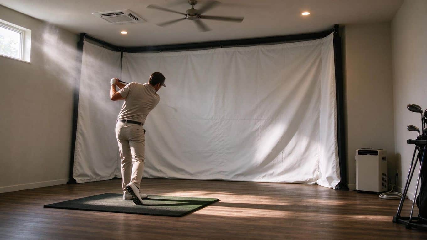 Golfer in an indoor golf simulator setup swinging a club on a mat in a dedicated practice room with a large white screen backdrop.