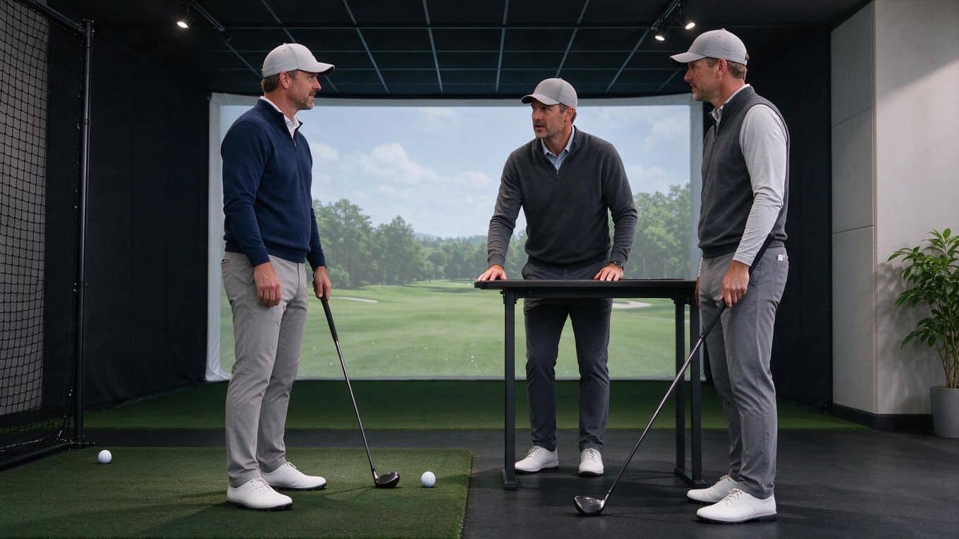 Golfers comparing simulator software for social play