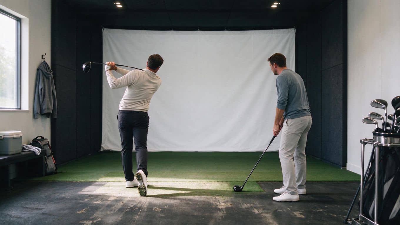 Golfer in a driving studio hitting a club with follow-through while another golfer watches.