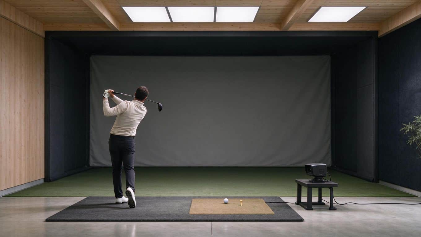 Diffused overhead lighting evenly covering an indoor golf hitting zone