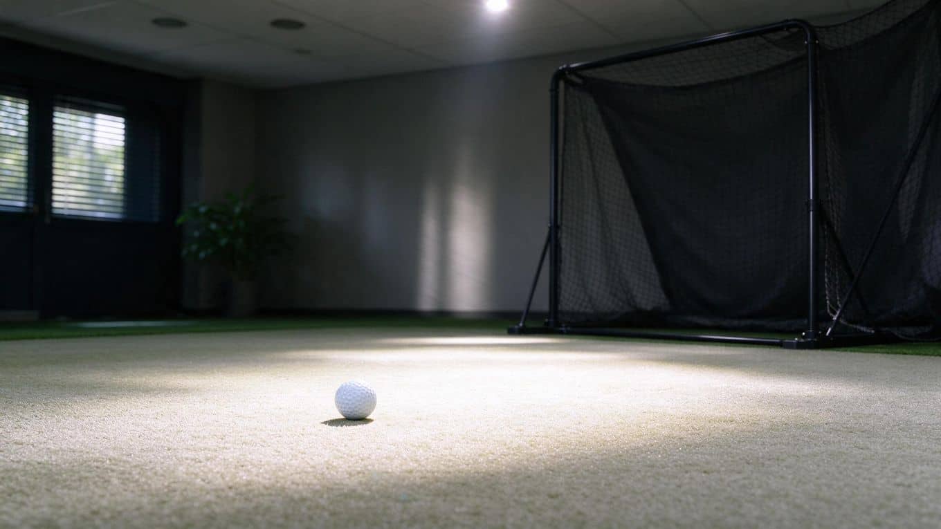 Harsh glare and uneven light patches in an indoor golf room