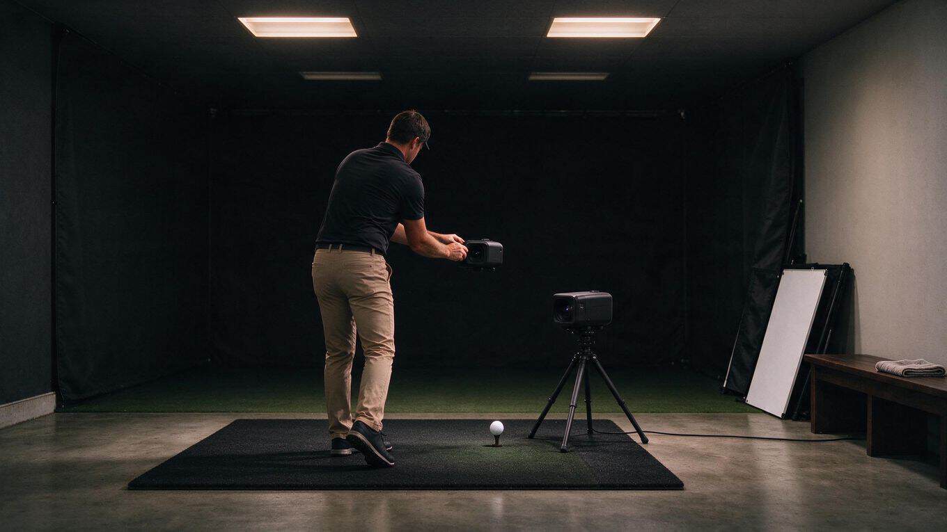 Person practicing a golf swing in an indoor simulator setup with a small ball and launch monitor on a mat.