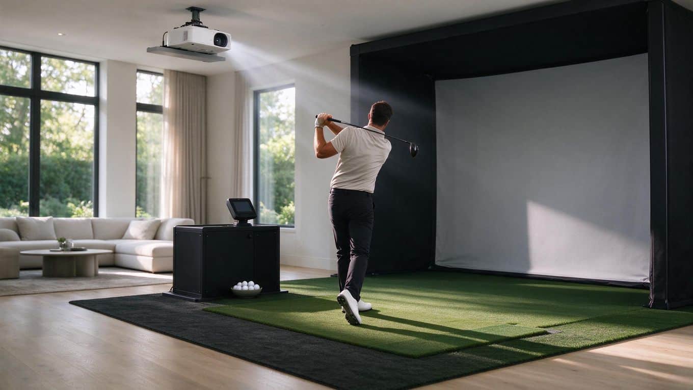 Room with daylight entering a home golf simulator play area