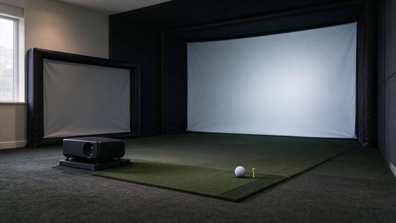 Comparison of smaller and larger golf simulator impact screens in a room