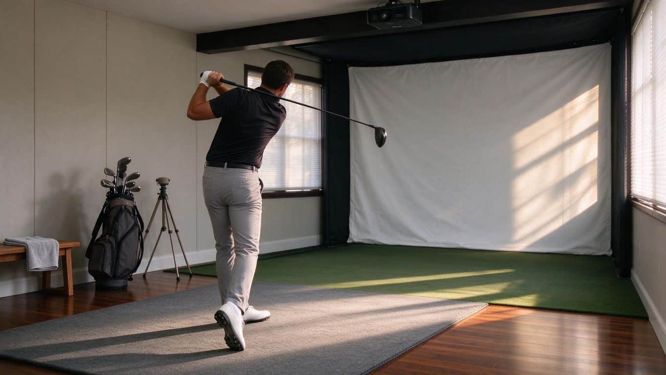 Golfer practicing a golf swing in an indoor simulator room with a white screen, artificial turf, and equipment in the background.