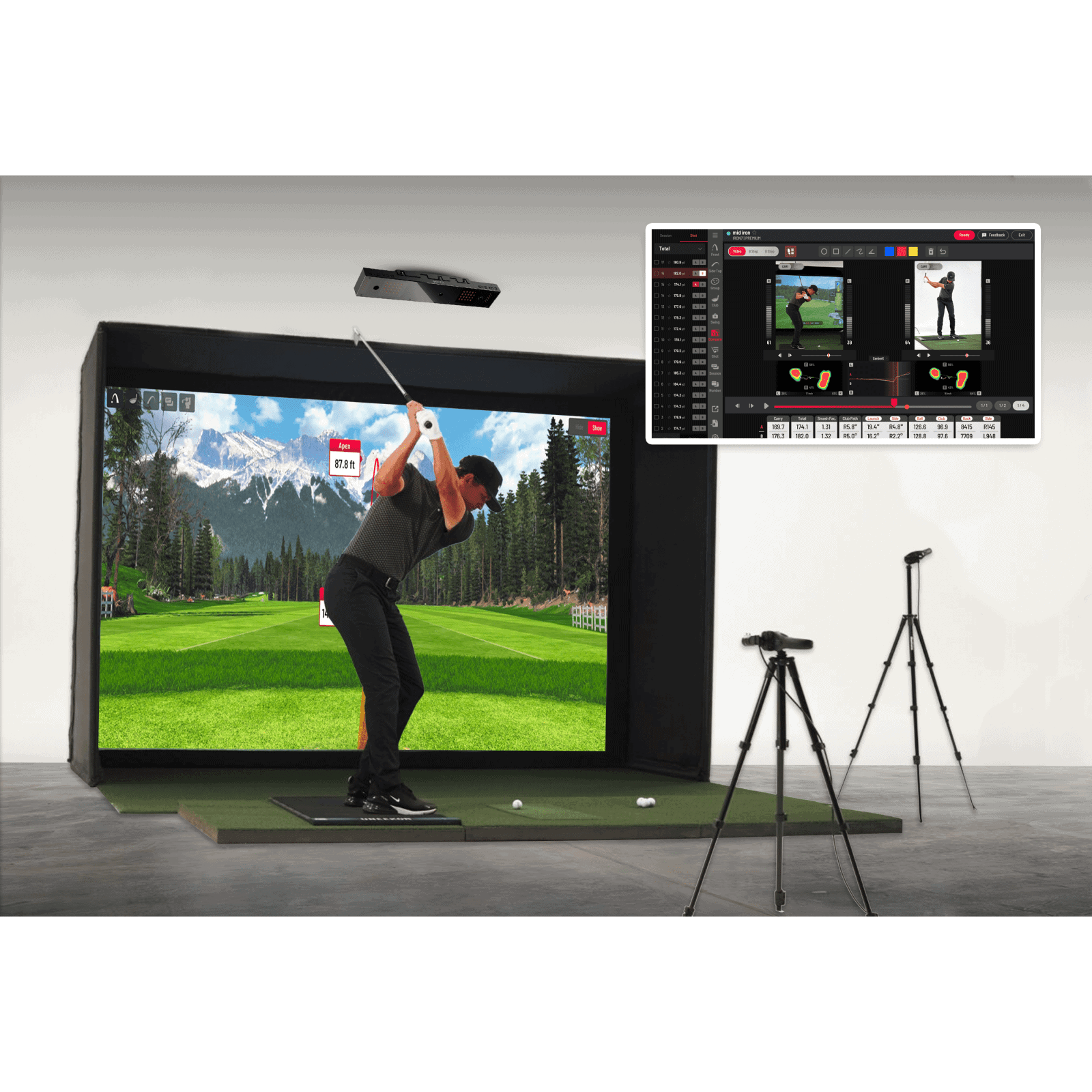 Golf simulator with a player practicing swings in a virtual course, featuring a large screen, sensors, and a computer monitor for swing analysis.